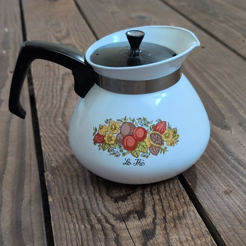 Vintage Corning Ware White Floral Teapot with Black Handle